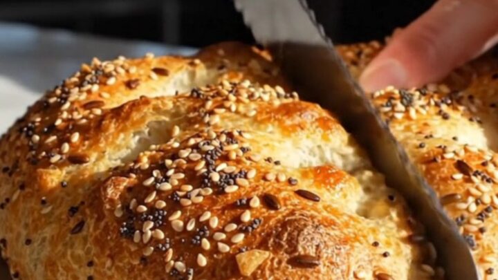 A warm, golden-brown everything bagel focaccia with visible pockets of scallion cream cheese, displayed on a marble surface.