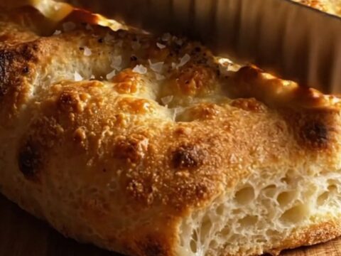 A rustic golden focaccia topped with thinly shingled Yukon gold potatoes and melted taleggio cheese.