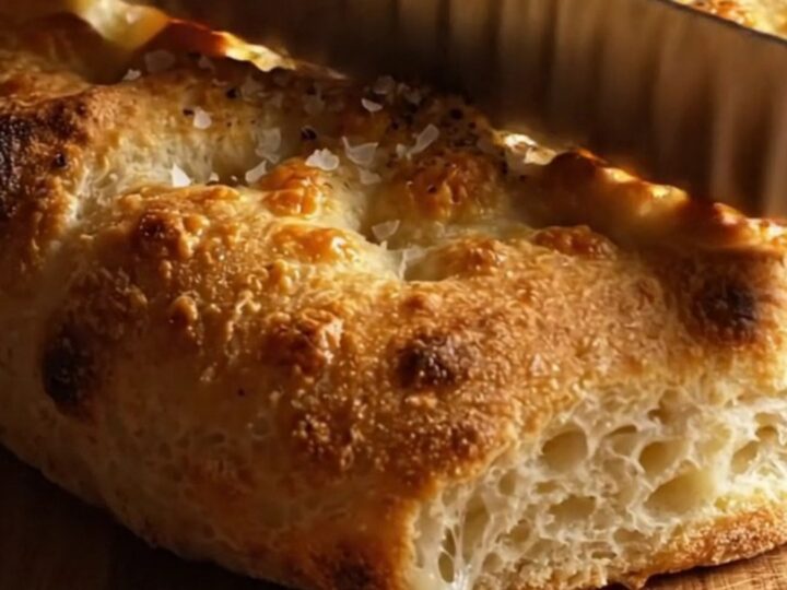 A rustic golden focaccia topped with thinly shingled Yukon gold potatoes and melted taleggio cheese.