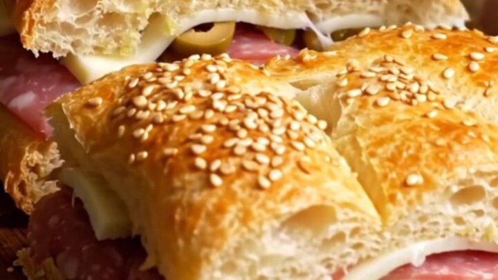 A sliced muffuletta focaccia slab showing layers of Italian meats and provolone cheese.