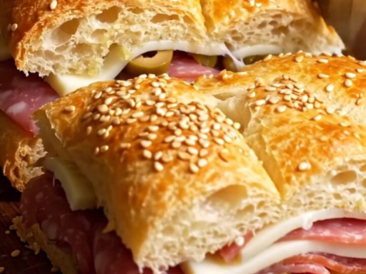 A sliced muffuletta focaccia slab showing layers of Italian meats and provolone cheese.