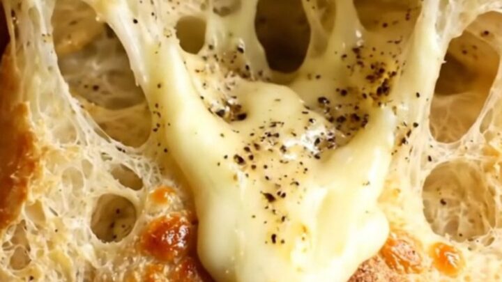 A close-up of a golden, crispy focaccia bread topped with melted Pecorino Romano and cracked black pepper.