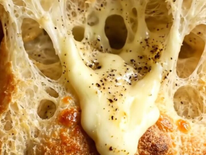 A close-up of a golden, crispy focaccia bread topped with melted Pecorino Romano and cracked black pepper.