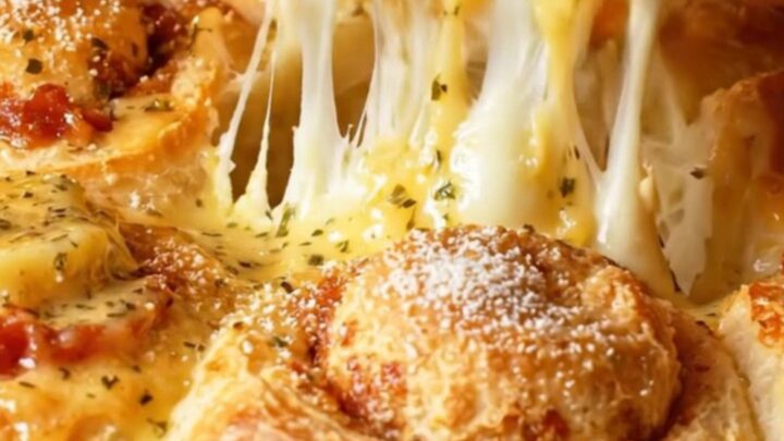 A close-up of golden brown pepperoni focaccia rolls in a skillet with melting mozzarella cheese strings.
