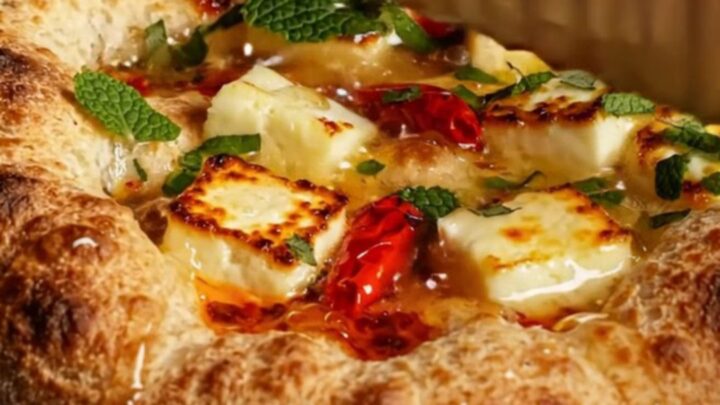 Golden, bubbly focaccia topped with blistered halloumi, vibrant red chili oil, and fresh mint.