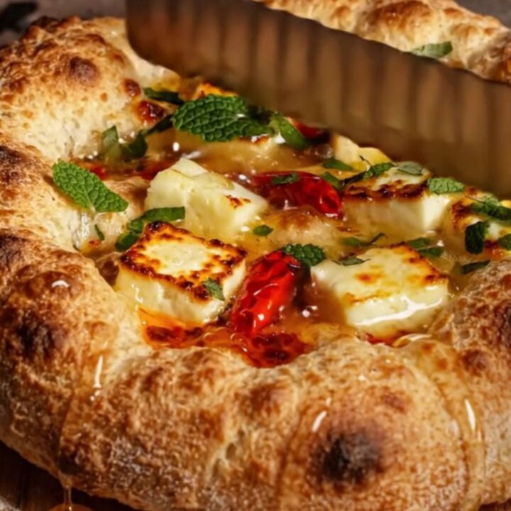 Golden, bubbly focaccia topped with blistered halloumi, vibrant red chili oil, and fresh mint.