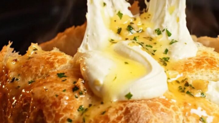 A golden brown cheesy garlic focaccia bread cut into diamond shapes with cream cheese oozing out.