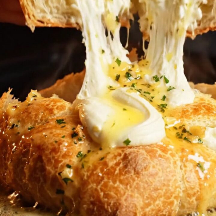 A golden brown cheesy garlic focaccia bread cut into diamond shapes with cream cheese oozing out.