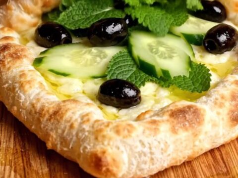 A warm, folded manakish flatbread topped with za'atar and melted akkawi cheese, garnished with fresh mint and olives.