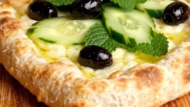 A warm, folded manakish flatbread topped with za'atar and melted akkawi cheese, garnished with fresh mint and olives.