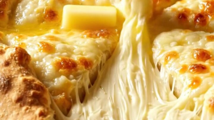 A golden-brown Imeruli Khachapuri sliced into wedges with molten cheese oozing from the center.