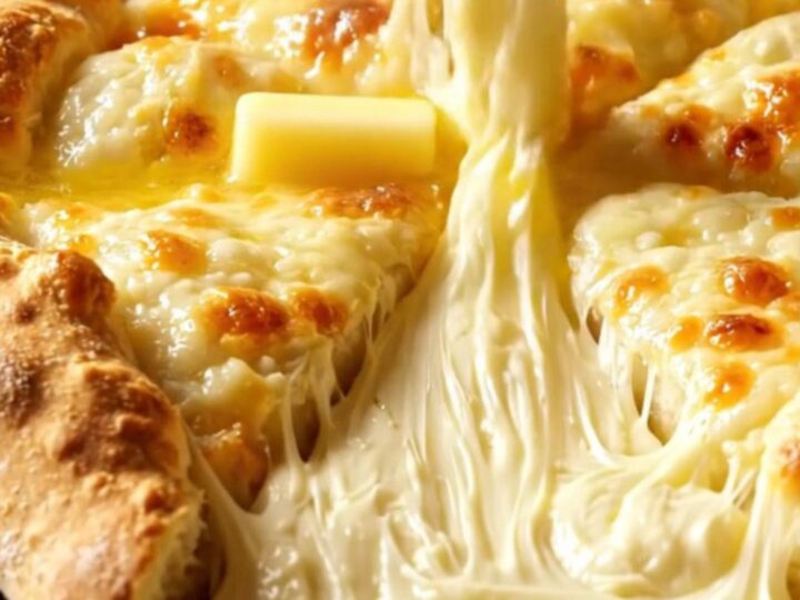 A golden-brown Imeruli Khachapuri sliced into wedges with molten cheese oozing from the center.
