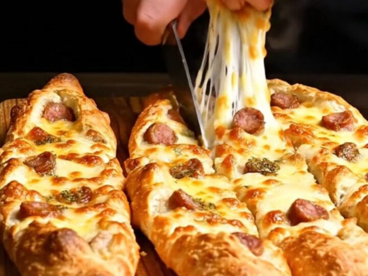 A close-up of a golden brown Turkish pide boat filled with melted cheese and spicy sujuk sausage.