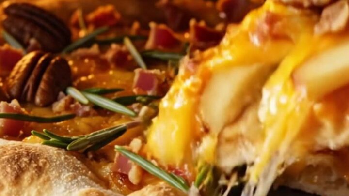 A close-up of a smoked gouda and apple flatbread with melted cheese stretching over thin apple slices.