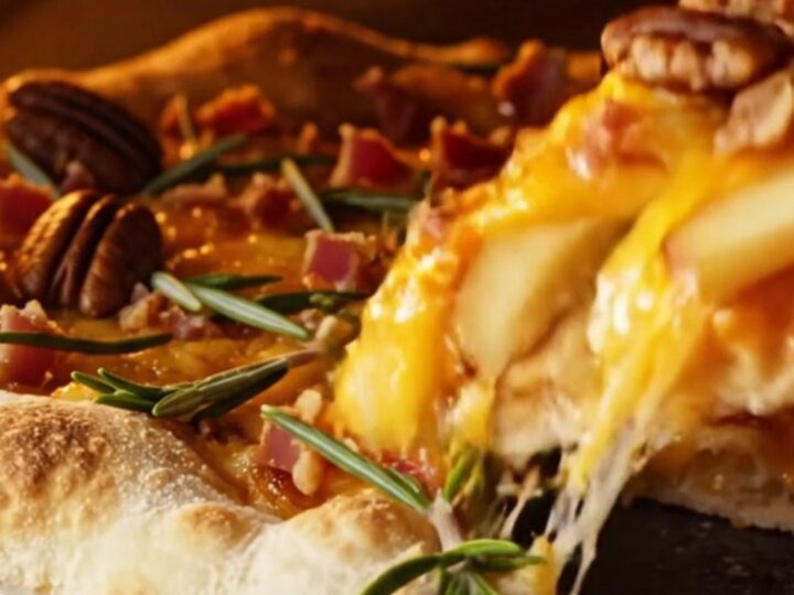 A close-up of a smoked gouda and apple flatbread with melted cheese stretching over thin apple slices.