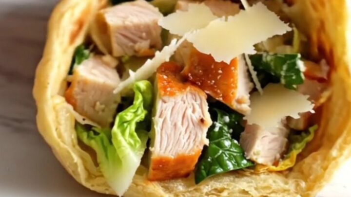 A golden-brown, flexible cottage cheese flatbread folded over a fresh chicken salad on a marble counter.