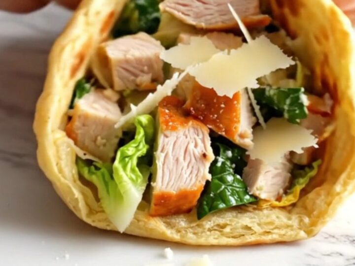 A golden-brown, flexible cottage cheese flatbread folded over a fresh chicken salad on a marble counter.