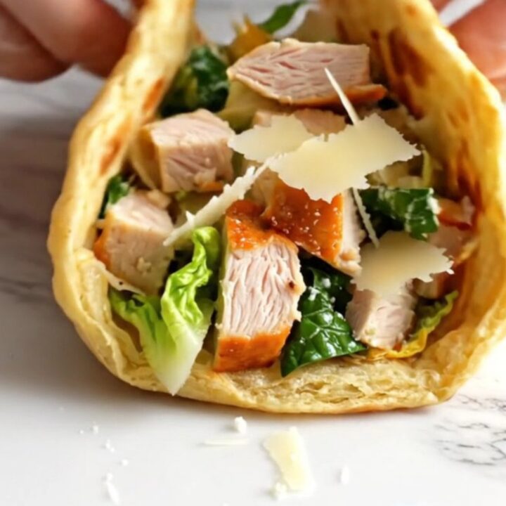 A golden-brown, flexible cottage cheese flatbread folded over a fresh chicken salad on a marble counter.