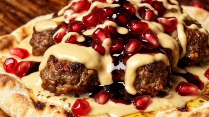 A close-up shot of a crispy lamb kofta smash flatbread topped with tahini and pomegranate seeds.