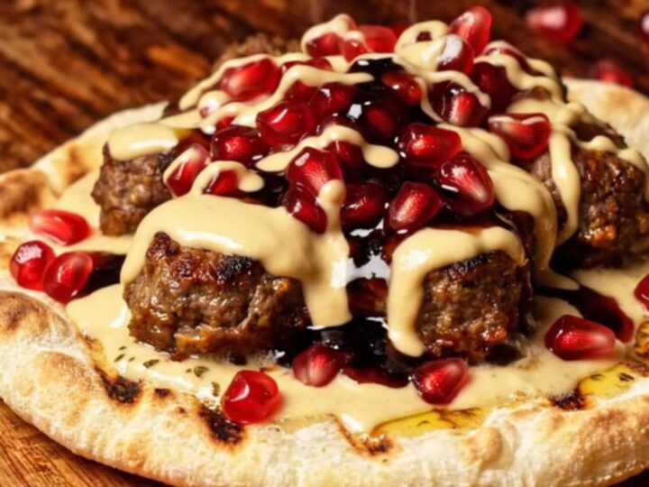 A close-up shot of a crispy lamb kofta smash flatbread topped with tahini and pomegranate seeds.
