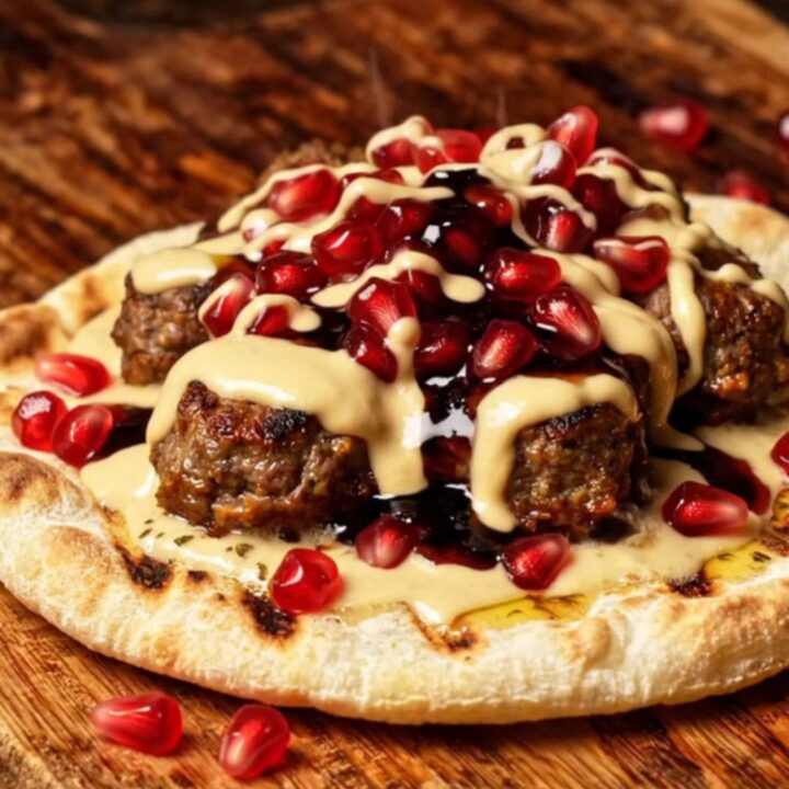 A close-up shot of a crispy lamb kofta smash flatbread topped with tahini and pomegranate seeds.