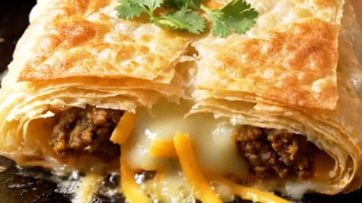 A crispy, square Moroccan Msemen flatbread torn open to reveal flaky layers and a savory beef and cheddar filling.