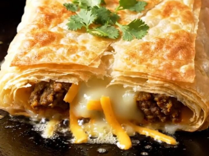 A crispy, square Moroccan Msemen flatbread torn open to reveal flaky layers and a savory beef and cheddar filling.