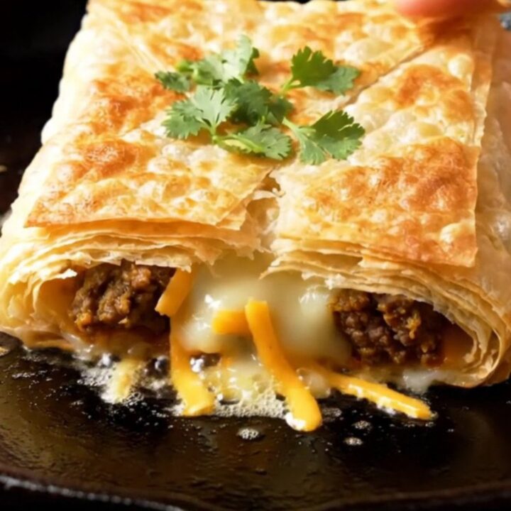 A crispy, square Moroccan Msemen flatbread torn open to reveal flaky layers and a savory beef and cheddar filling.