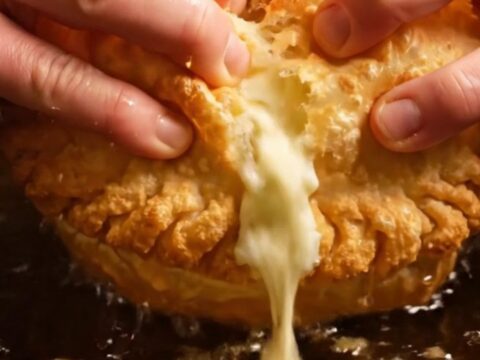 A golden, crispy fried pizza calzone broken open with steam rising and melted cheese visible.
