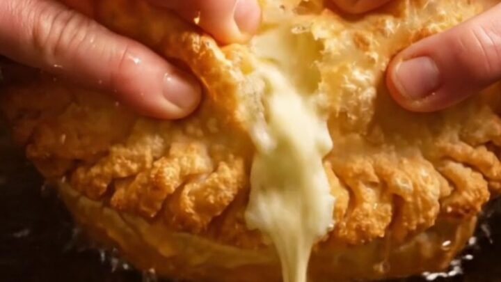 A golden, crispy fried pizza calzone broken open with steam rising and melted cheese visible.