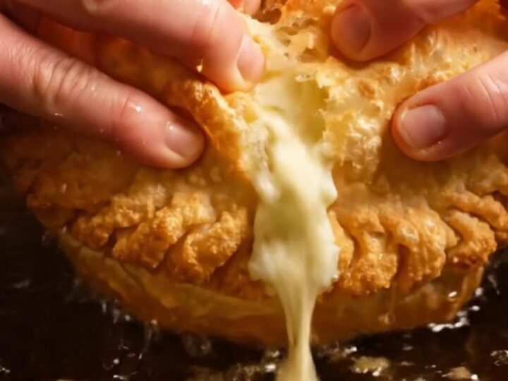 A golden, crispy fried pizza calzone broken open with steam rising and melted cheese visible.