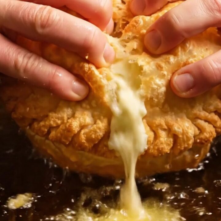 A golden, crispy fried pizza calzone broken open with steam rising and melted cheese visible.