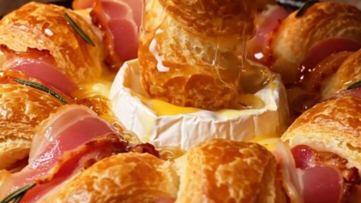 A golden, circular puff pastry wreath filled with a baked Camembert wheel and wrapped in crispy bacon strips.