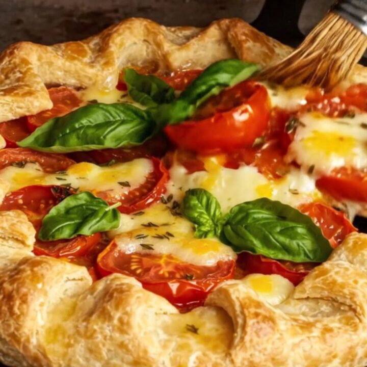 A rustic heirloom tomato and Boursin cheese galette with a golden cheddar crust sitting on a wooden surface.