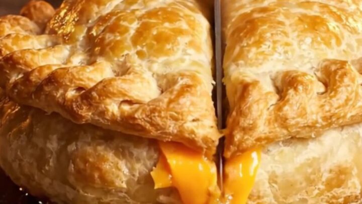 A golden, hand-crimped beef and cheddar pasty cut in half, revealing a steaming