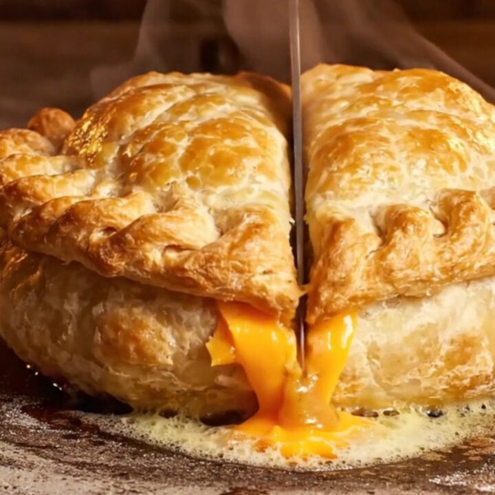 A golden, hand-crimped beef and cheddar pasty cut in half, revealing a steaming