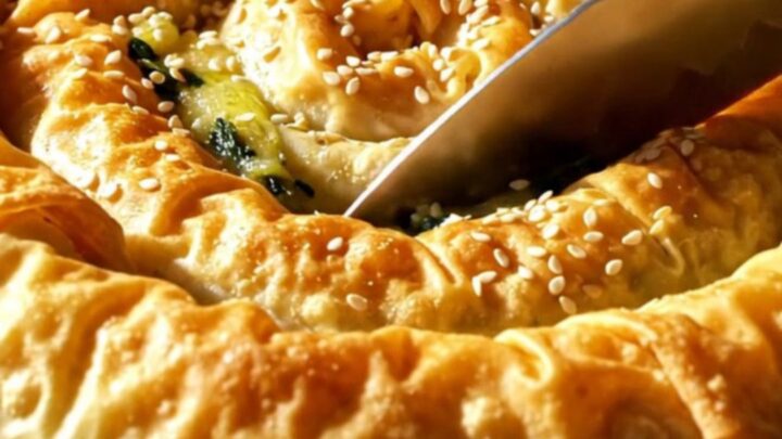 A golden, crispy spanakopita spiral in a cast-iron skillet, topped with toasted sesame seeds.