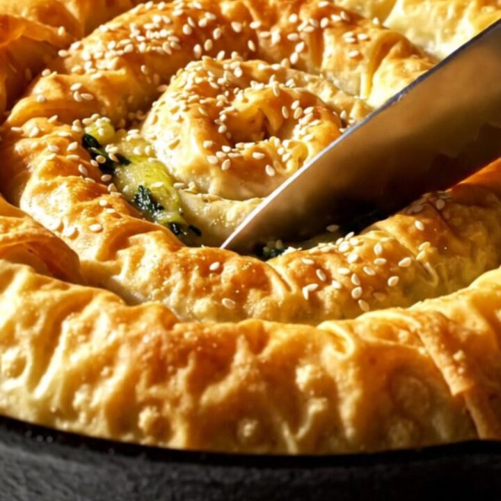 A golden, crispy spanakopita spiral in a cast-iron skillet, topped with toasted sesame seeds.