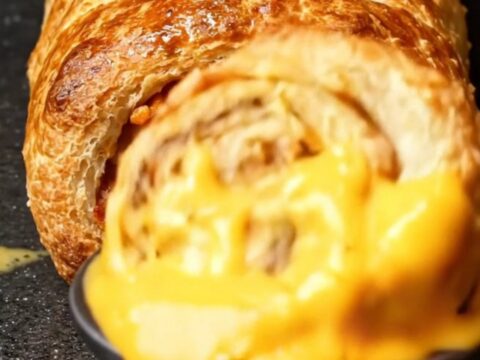 A golden-brown Philly cheesesteak stromboli sliced into thick, steaming spirals on a dark stone surface.