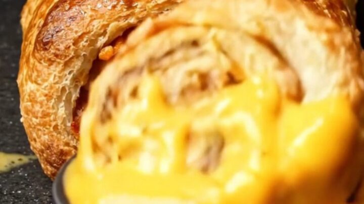 A golden-brown Philly cheesesteak stromboli sliced into thick, steaming spirals on a dark stone surface.