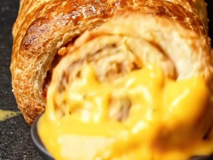 A golden-brown Philly cheesesteak stromboli sliced into thick, steaming spirals on a dark stone surface.
