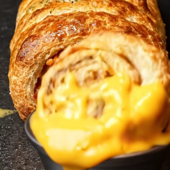 A golden-brown Philly cheesesteak stromboli sliced into thick, steaming spirals on a dark stone surface.