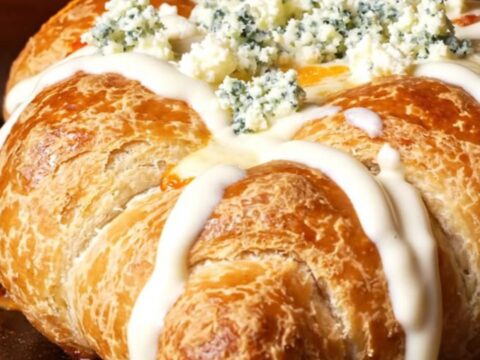 A close-up view of a spicy buffalo chicken calzone sliced in half, showing a gooey, cheesy interior.