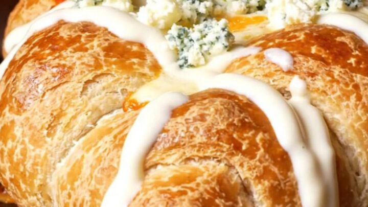 A close-up view of a spicy buffalo chicken calzone sliced in half, showing a gooey, cheesy interior.