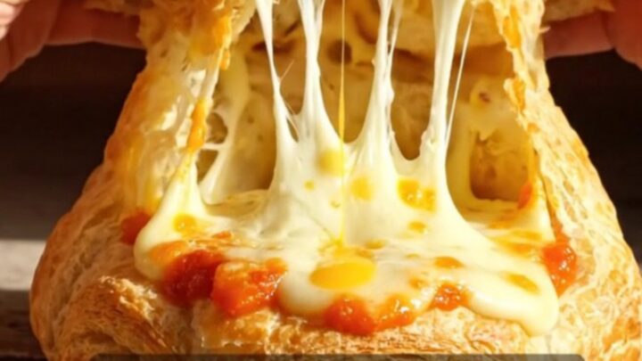 A golden, flaky Rustico Leccese pastry cut in half, revealing a steaming center of béchamel, mozzarella, and tomato.