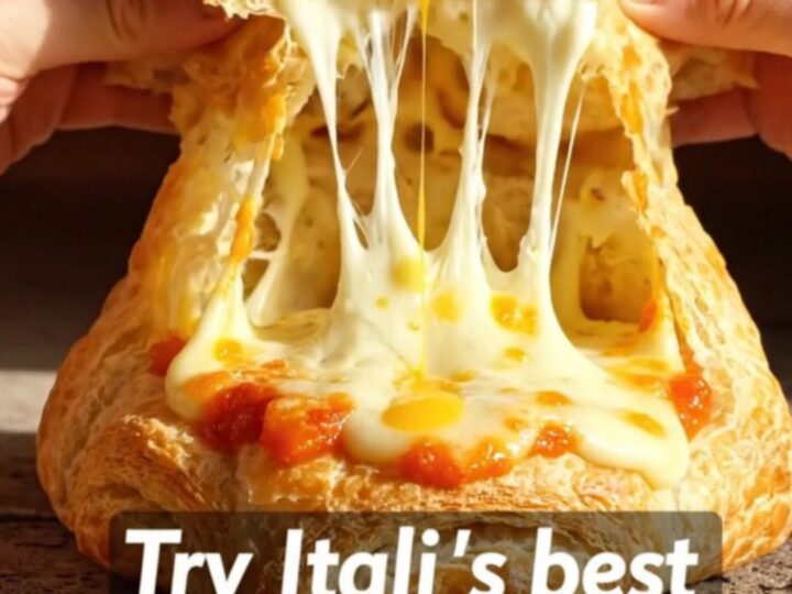 A golden, flaky Rustico Leccese pastry cut in half, revealing a steaming center of béchamel, mozzarella, and tomato.