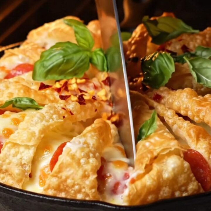 A close-up of a golden, accordion-pleated phyllo pizza tart with bubbling mozzarella and pepperoni.