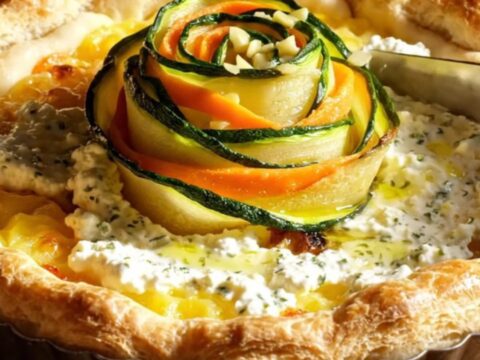 A close-up view of a blooming rose vegetable tart with thin zucchini and squash ribbons on a golden puff pastry crust.