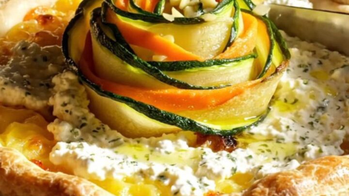 A close-up view of a blooming rose vegetable tart with thin zucchini and squash ribbons on a golden puff pastry crust.