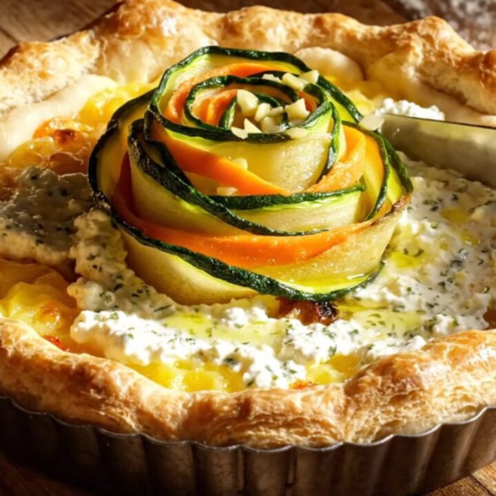 A close-up view of a blooming rose vegetable tart with thin zucchini and squash ribbons on a golden puff pastry crust.